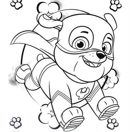 Rubble da Patrulha Canina super-herói para colorir. Desenho do Rubble correndo com capa e máscara, ideal para atividades criativas.