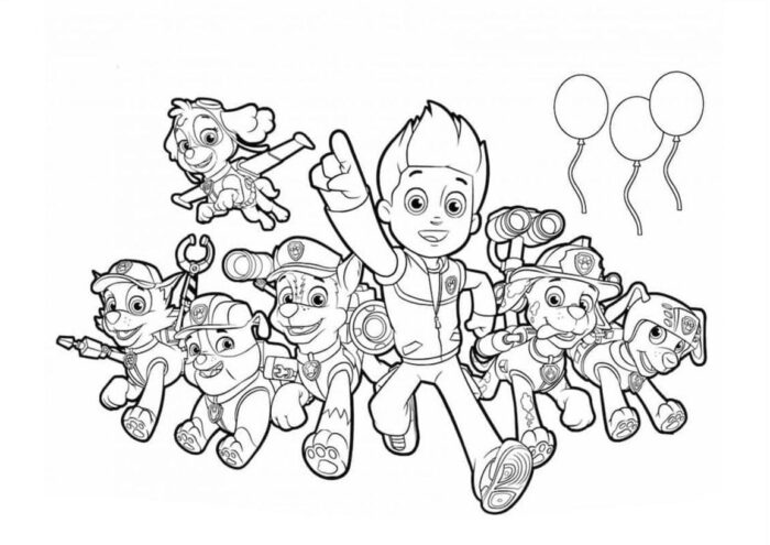 Patrulha Canina para colorir: Ryder lidera Marshall, Chase, Rocky, Rubble, Skye e Zuma em aventura. Desenhos para pintar dos filhotes heroicos.