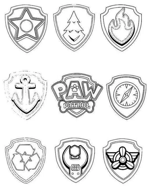 Símbolos da Patrulha Canina para colorir: emblemas dos cachorrinhos heróis em desenhos artísticos.