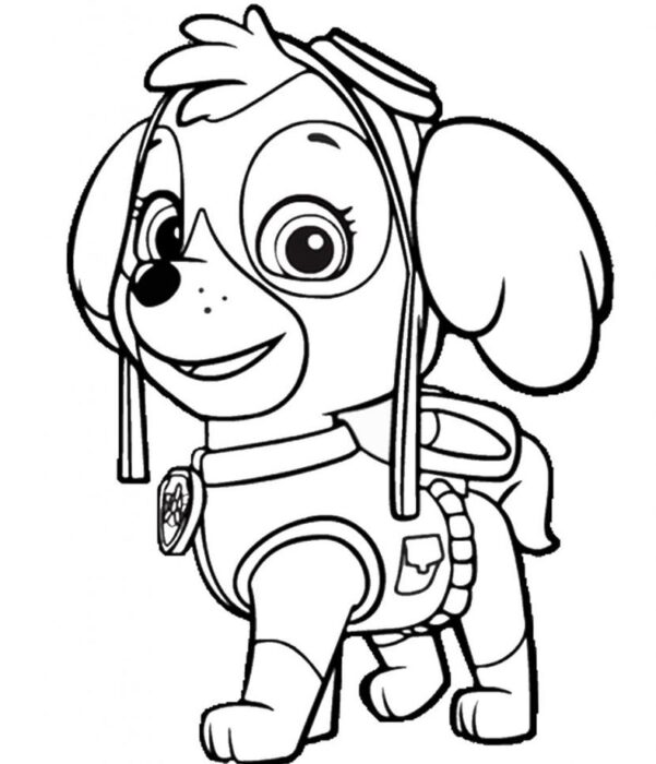 Skye da Patrulha Canina para colorir: Desenho da cachorrinha aviadora com óculos e uniforme, pronta para pintar.