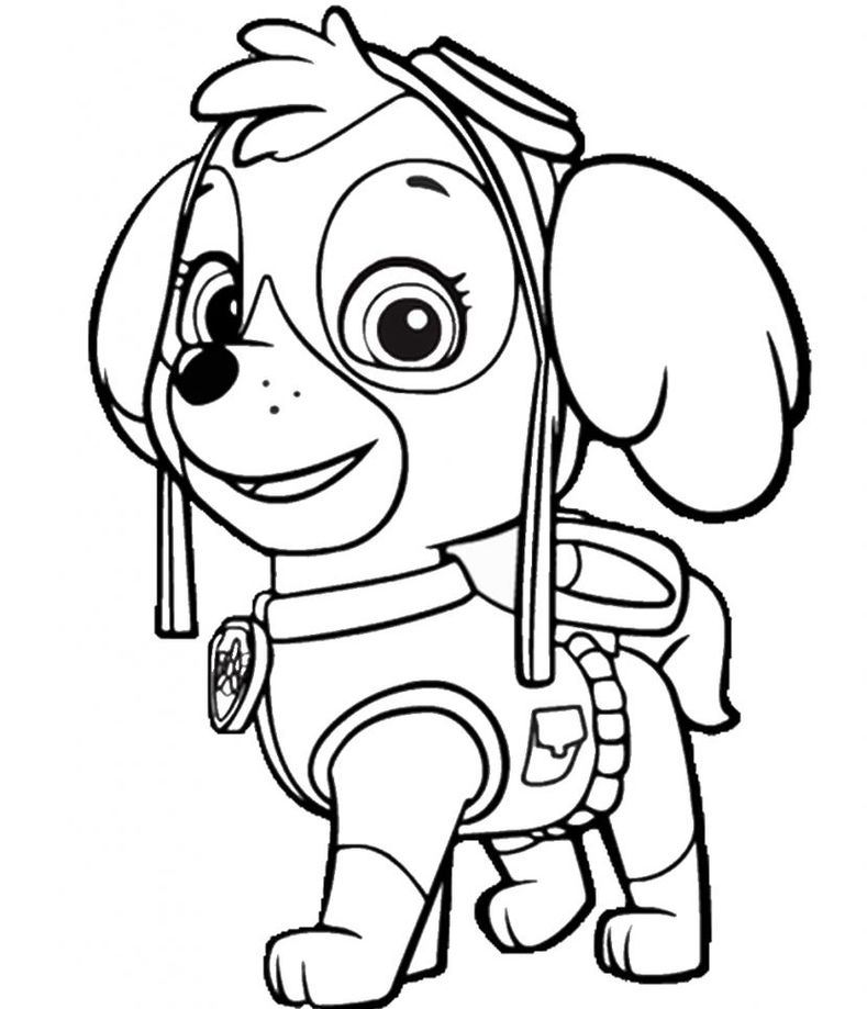 Skye da Patrulha Canina para colorir: Desenho da cachorrinha aviadora com óculos e uniforme, pronta para pintar.