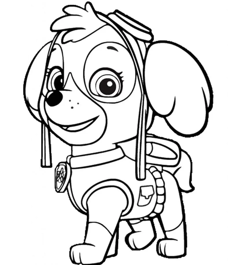 Skye da Patrulha Canina para colorir: Desenho da cachorrinha aviadora com óculos e uniforme, pronta para pintar.