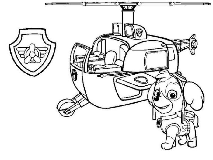 Skye da Patrulha Canina em ação no helicóptero: desenho para colorir e estimular a criatividade. Aventure-se com a Patrulha Canina!