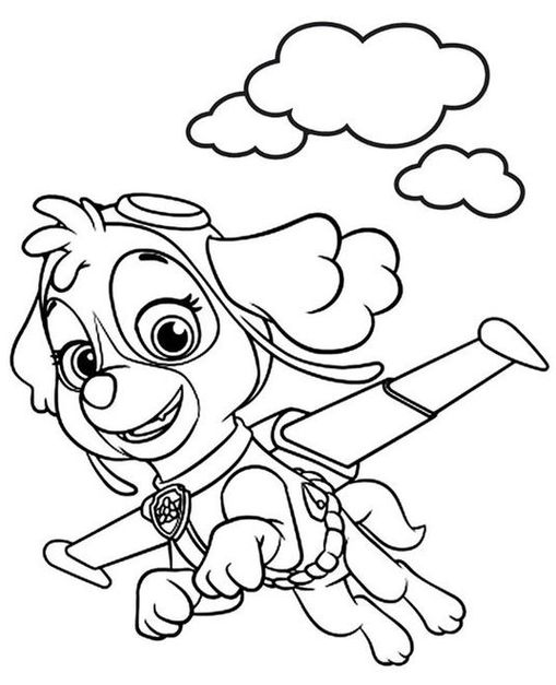 Desenho para colorir da Skye da Patrulha Canina voando. A cachorrinha aviadora com chapéu e dispositivo nas costas em ação, sobrevoando nuvens.