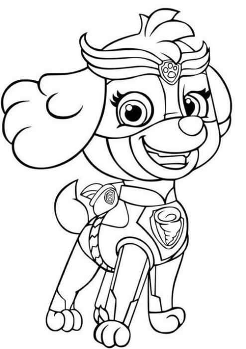 Super Skye da Patrulha Canina para colorir: desenho divertido da heroína com roupa de super-heroína para atividades criativas.