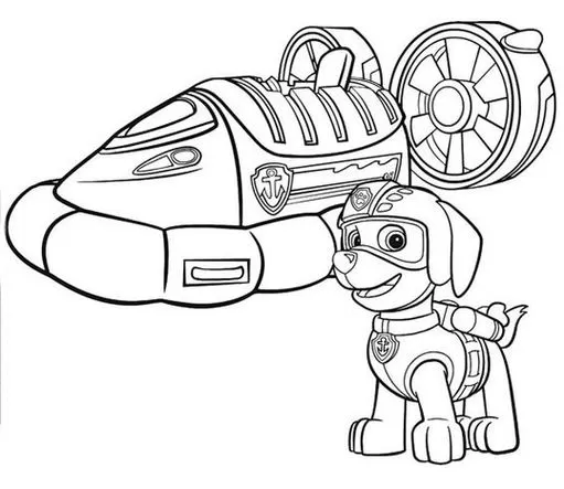 Desenho do Zuma da Patrulha Canina para colorir: labrador sorrindo em seu bote submarino com hélice e emblema de resgate.