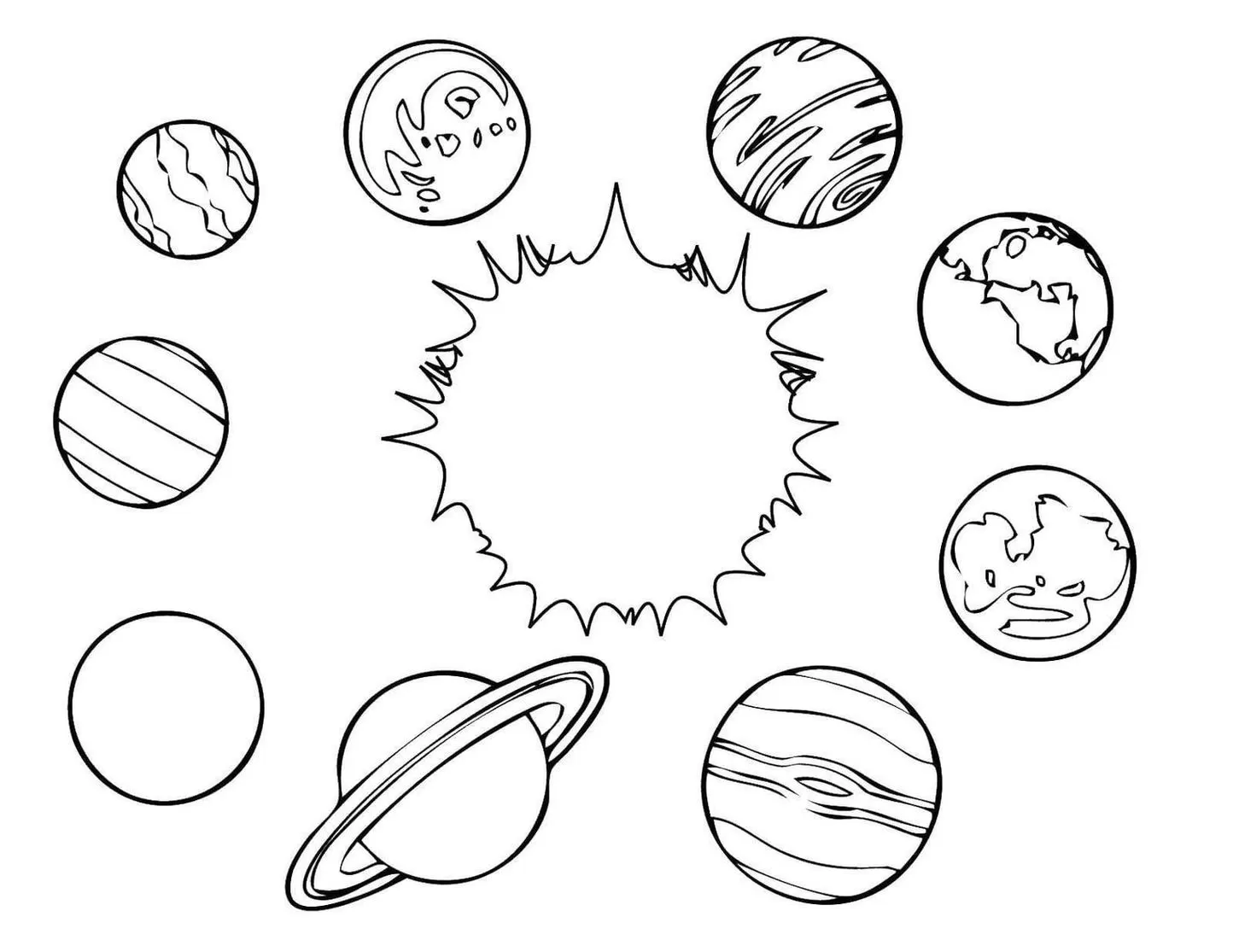Planetas do Sistema Solar para colorir: Desenho artístico em torno do Sol, ideal para atividades criativas.