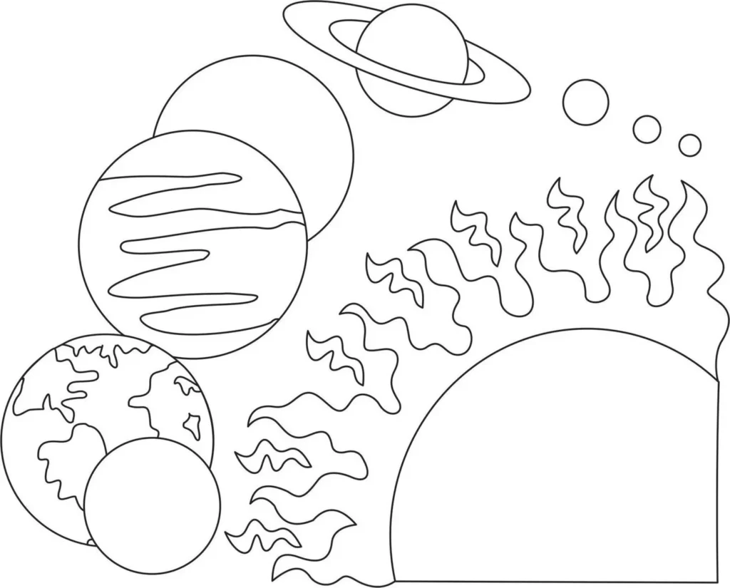 Desenho do Sistema Solar para colorir: planetas, Sol e cores no espaço.