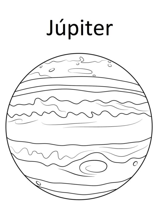 Júpiter para colorir: desenho esquemático do gigante gasoso com faixas atmosféricas para atividade criativa sobre o Sistema Solar.