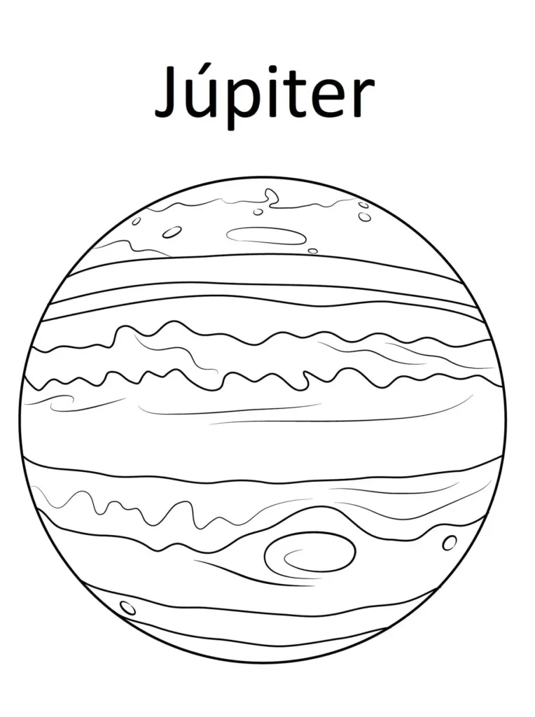 Júpiter para colorir: desenho esquemático do gigante gasoso com faixas atmosféricas para atividade criativa sobre o Sistema Solar.