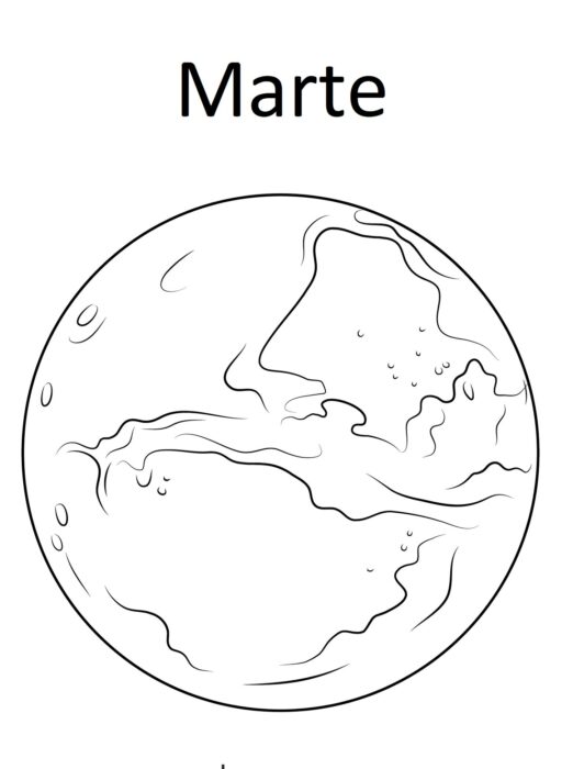 Desenho de Marte para colorir: atividade artística do planeta vermelho com detalhes da superfície.