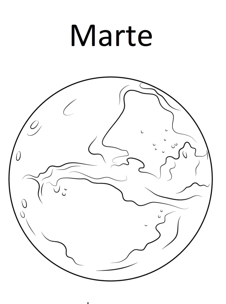 Desenho de Marte para colorir: atividade artística do planeta vermelho com detalhes da superfície.