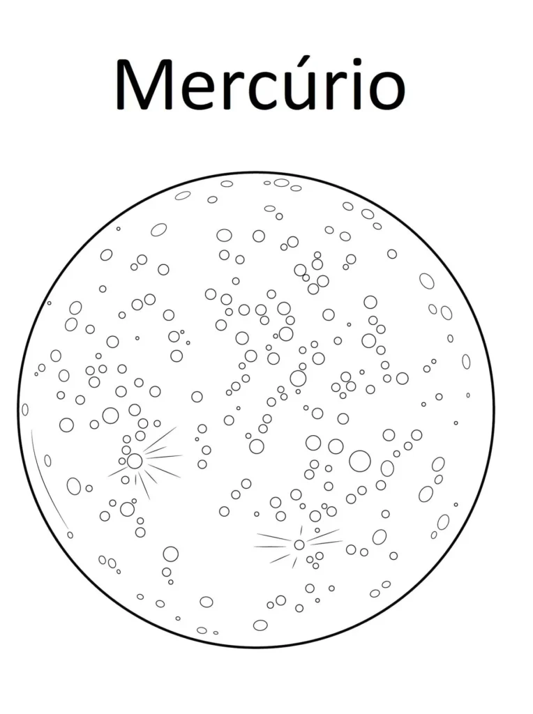 Mercúrio para colorir: desenho do planeta com crateras para atividade de astronomia.