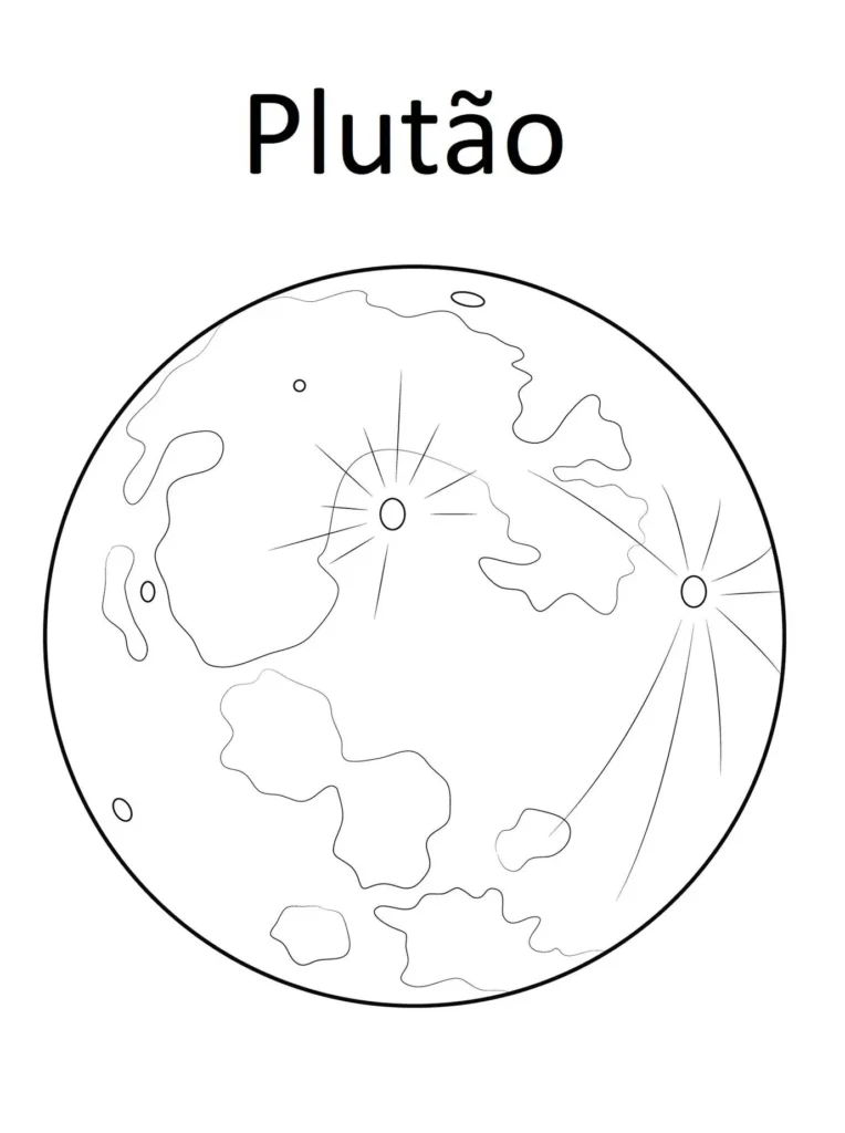 Plutão para colorir: Desenho artístico do planeta anão com detalhes da superfície, ideal para pintar e aprender sobre o espaço. Palavra 'Plutão' visível.