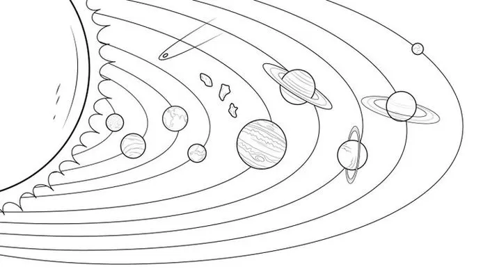 Desenho para colorir do Sistema Solar: planetas, asteroides e cometa em atividade de astronomia criativa.