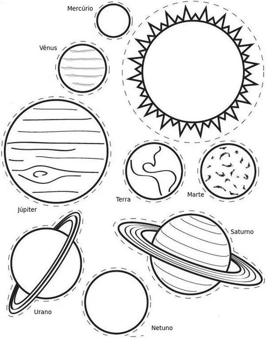 Desenhos dos planetas do Sistema Solar para colorir: Sol, Mercúrio, Vênus, Terra, Marte, Júpiter, Saturno, Urano e Netuno. Atividade criativa com tema espacial.