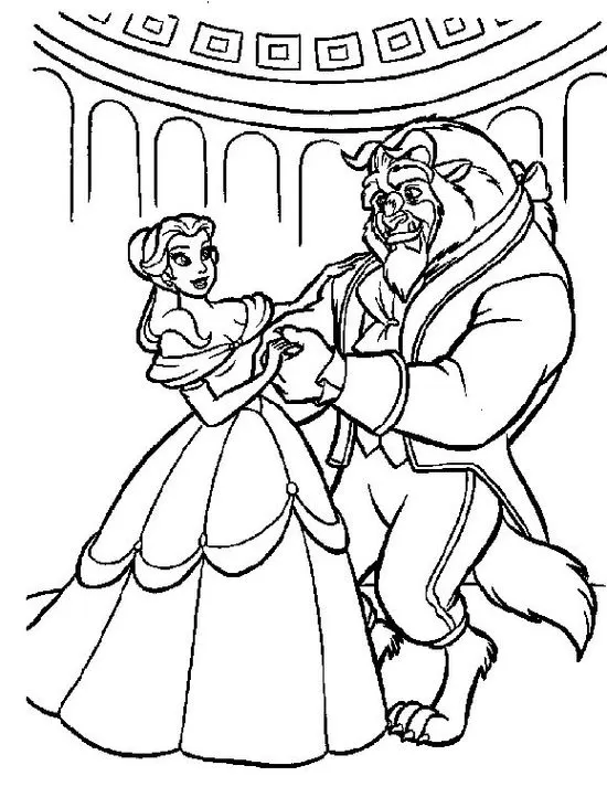 Desenho da Bela e a Fera dançando no salão de baile: inspire-se e pinte este momento romântico. Detalhes do vestido da Bela e do casaco da Fera em destaque.