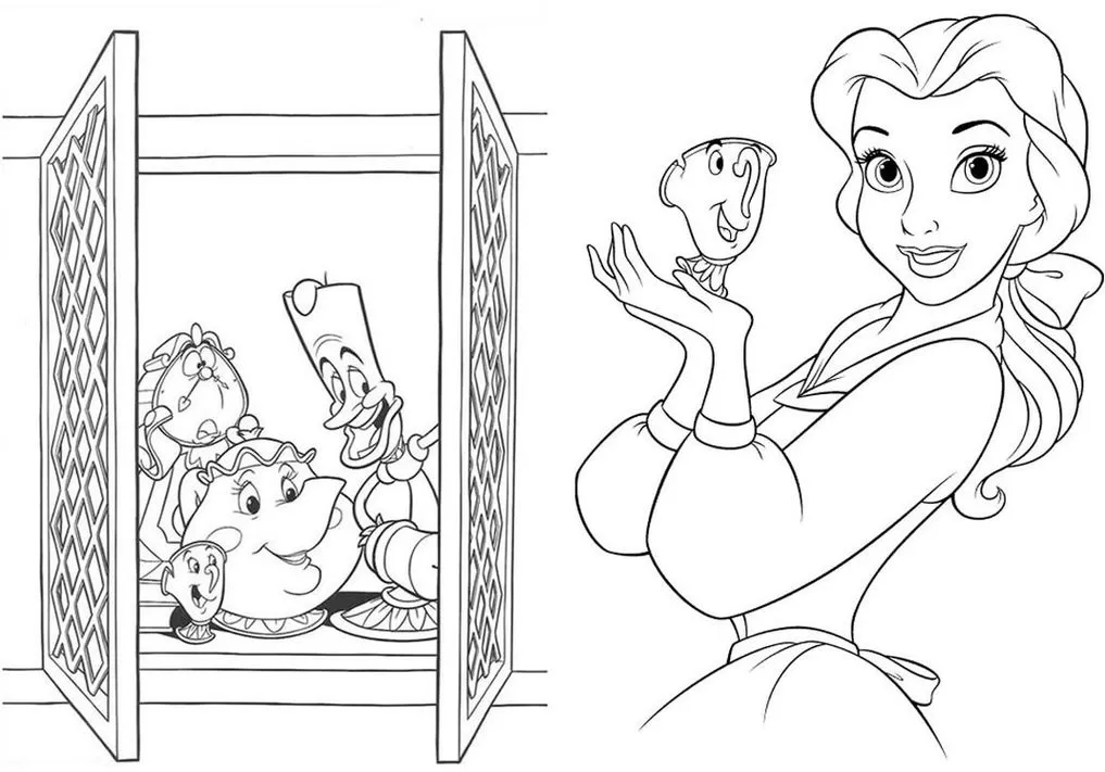 Bela e a Fera para colorir: atividade criativa com Bela, Zip, Lumière, Horloge e Madame Samovar. Desenho temático do clássico conto.