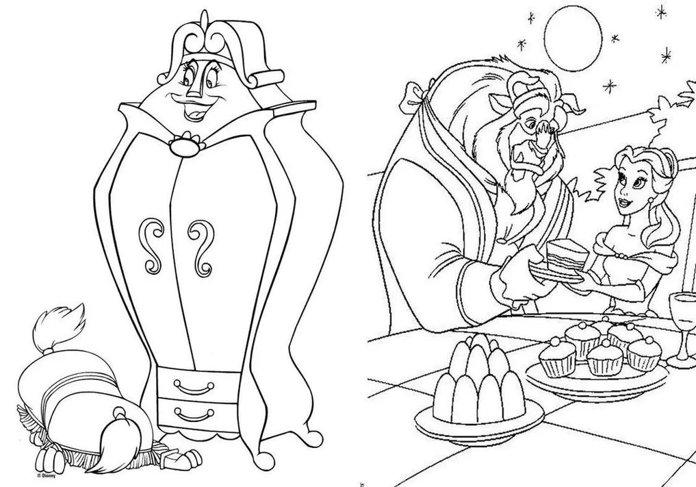 Desenhos para colorir: Bela, Fera e o Guarda-roupa falante Sultan. Delícias como bolo e cupcakes sob a luz da lua e estrelas.