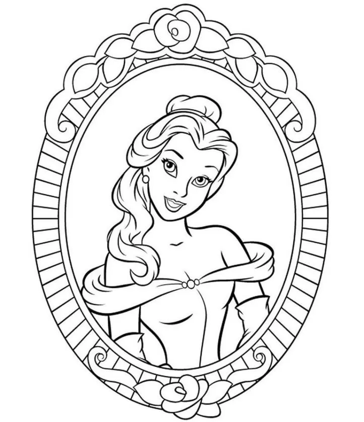 Bela e a Fera para Colorir: Desenho detalhado de Bela sorrindo, com penteado elegante e moldura oval floral.