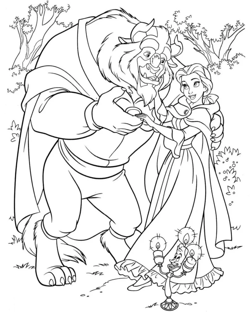Bela e a Fera dançando na floresta: Desenho para colorir com Lumière e ambiente florestal detalhado.