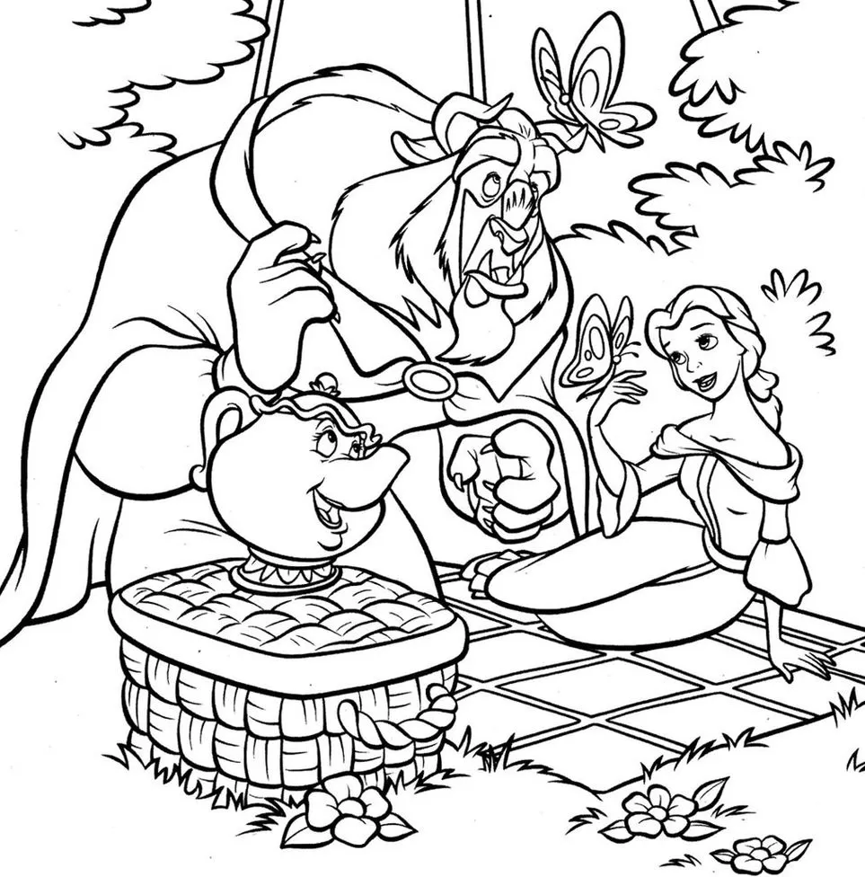 Bela e a Fera em piquenique mágico com Madame Samovar na natureza. Desenho para colorir com flores e borboletas, perfeito para atividades artísticas e criativas.