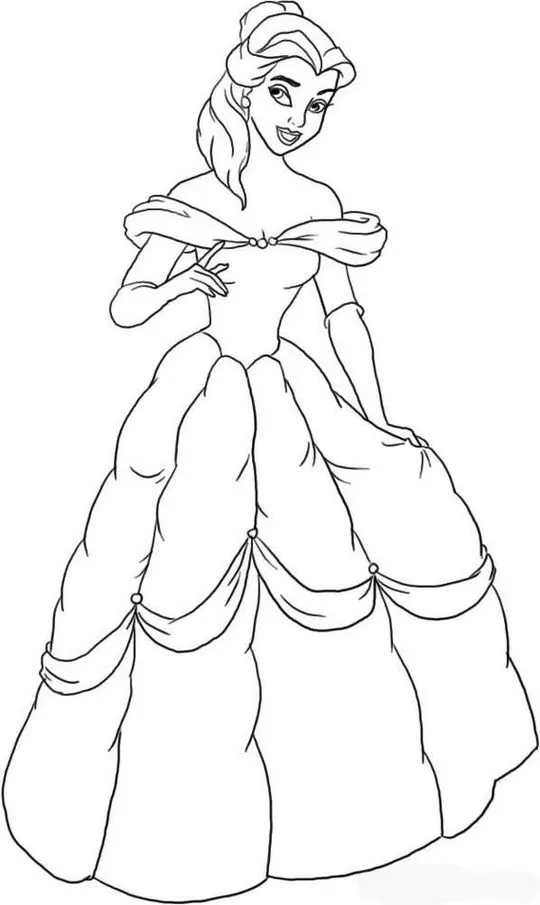 Bela e a Fera para colorir: Desenho da Princesa com vestido majestoso, cachos e sorriso. Atividade criativa com a Princesa.