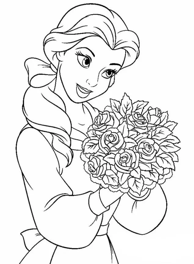 Desenho da Bela (A Bela e a Fera) para colorir, com buquê de rosas. Vestido detalhado e sorriso encantador.