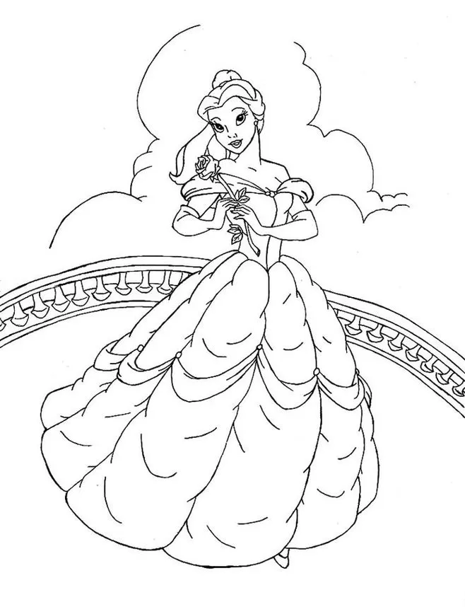 Bela colorindo: Desenho da princesa com vestido de baile segurando uma rosa em frente a um céu com nuvens e balaustrada.