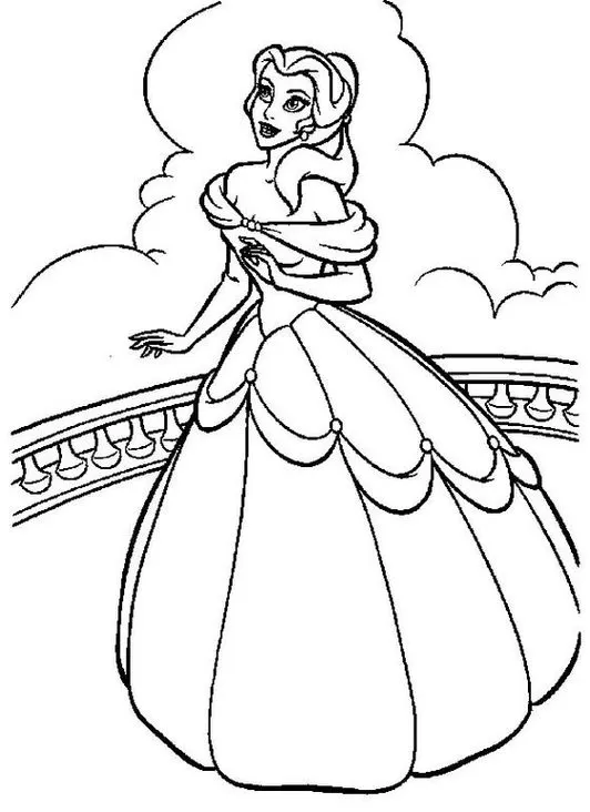 Bela vestida de princesa para colorir: Desenho detalhado com varanda e nuvens ao fundo, ideal para atividades criativas.