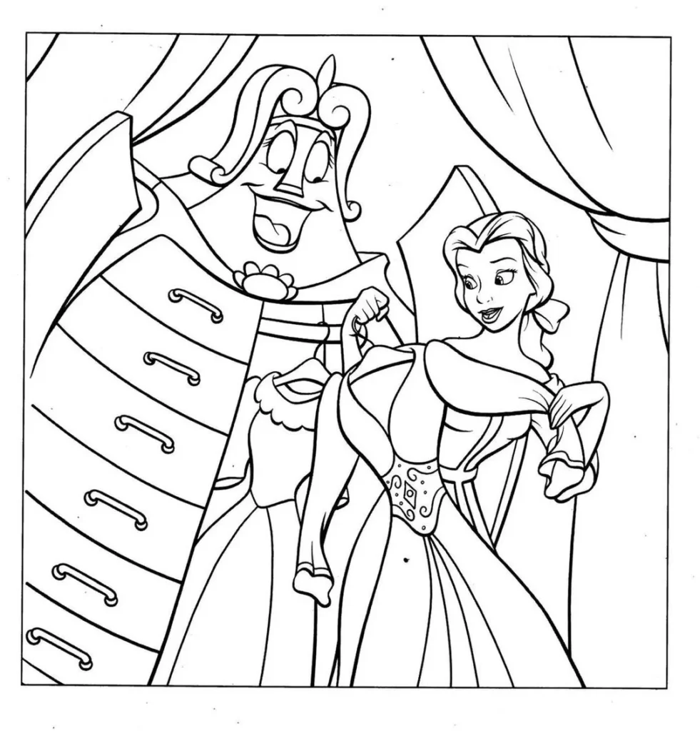 Bela e a Fera: Vestidos encantadores para colorir com Lumière. Atividade criativa inspirada no filme.