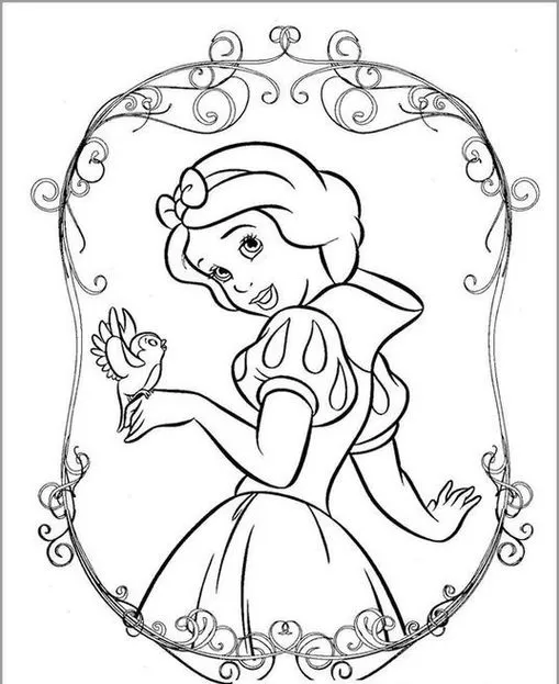 Desenho da Branca de Neve para colorir: a princesa com passarinho emoldurada. Ideal para atividades criativas.