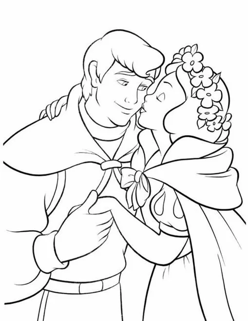 Branca de Neve e Príncipe Encantado em desenho para colorir: casal apaixonado de mãos dadas, capas unidas por um laço. Atividade artística.