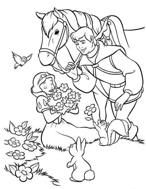 Branca de Neve e Príncipe em cena campestre com animais e flores, ideal para colorir. Celebração do amor na natureza.