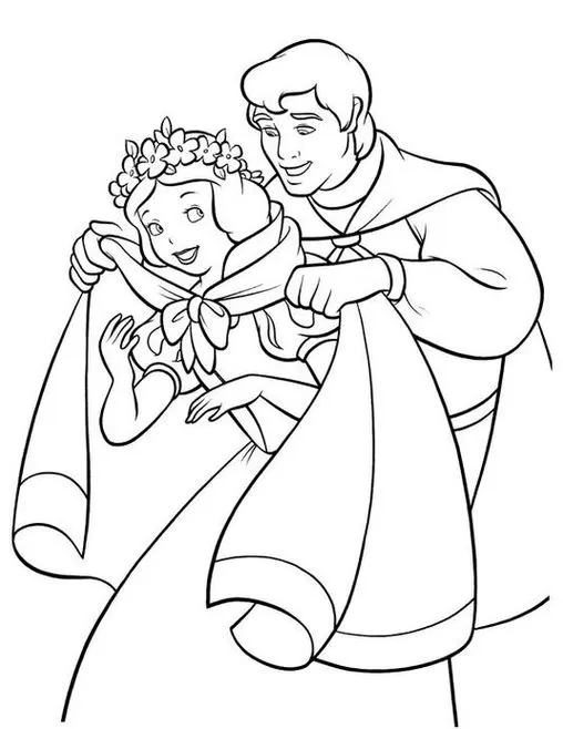 Branca de Neve protegida pelo Príncipe Encantado com uma capa em desenho para colorir. Ideal para estimular a criatividade e o desenvolvimento artístico.