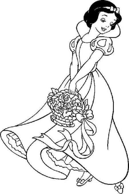 Branca de Neve para colorir com cesta de flores. Desenho detalhado do vestido, laço no cabelo e sapatos com fitas. Atividade criativa.