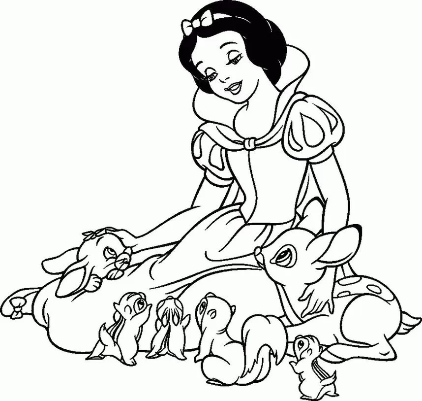 Branca de Neve e animais da floresta para colorir: atividade relaxante com veado, coelho e esquilos. Desenho para todas as idades.