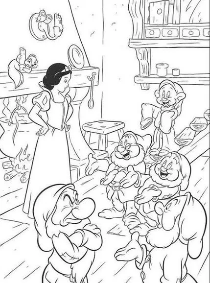 Branca de Neve e os sete anões na cozinha: imagem para colorir com lareira, esquilo e caldeirão. Explore a magia e personalize cada detalhe!