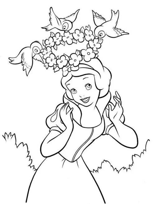 Branca de Neve para colorir com coroa de flores, pássaros e arbustos. Atividade criativa com a princesa e a natureza.