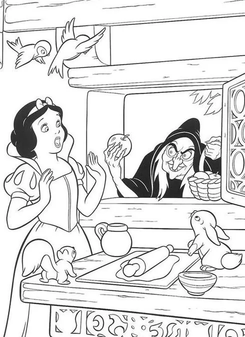 Branca de Neve e Bruxa para colorir: cena com maçã, animais e a clássica oferta da bruxa má.