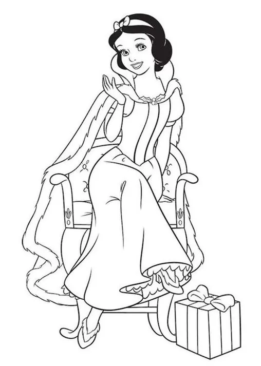Branca de Neve sentada com presente para colorir: atividade criativa com a princesa de cabelos escuros, vestido e capa. Desenho para imprimir.