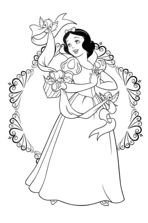 Branca de Neve com passarinhos para colorir. Desenho artístico da princesa sorrindo, segurando um presente e rodeada por aves. Atividade criativa para fãs da Branca de Neve.