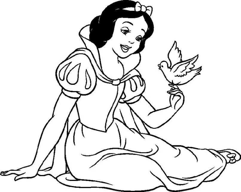 Branca de Neve e pássaro: desenho delicado para atividade de colorir. Detalhes do vestido, cabelo e laço. Ideal para crianças.