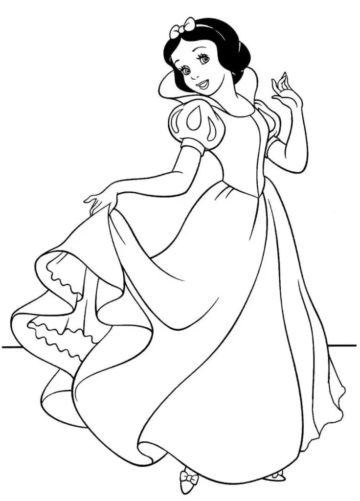 Branca de Neve para colorir: desenho com vestido clássico, cabelo escuro com laço e pose graciosa. Ideal para atividades criativas.