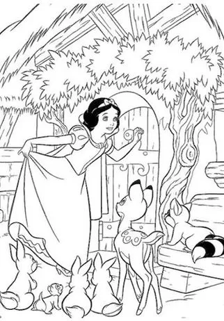 Branca de Neve e animais da floresta em frente à cabana dos sete anões: desenho para colorir.