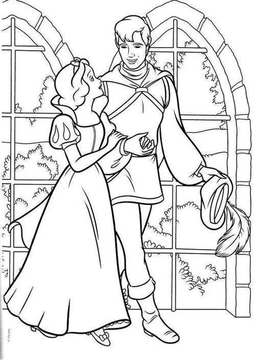 Branca de Neve e Príncipe Encantado dançando no castelo: desenho para colorir romântico. Detalhes do vestido da Branca de Neve, túnica do Príncipe e vista arborizada.