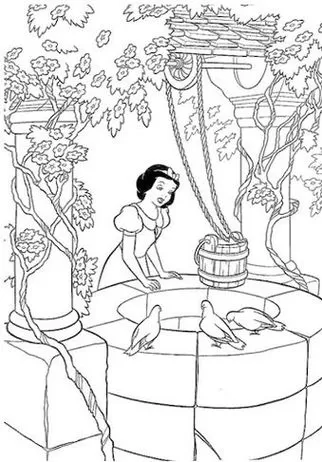 Branca de Neve e o poço: desenho para colorir com a princesa, pombos, flores e vegetação exuberante. Atividade artística e relaxante.