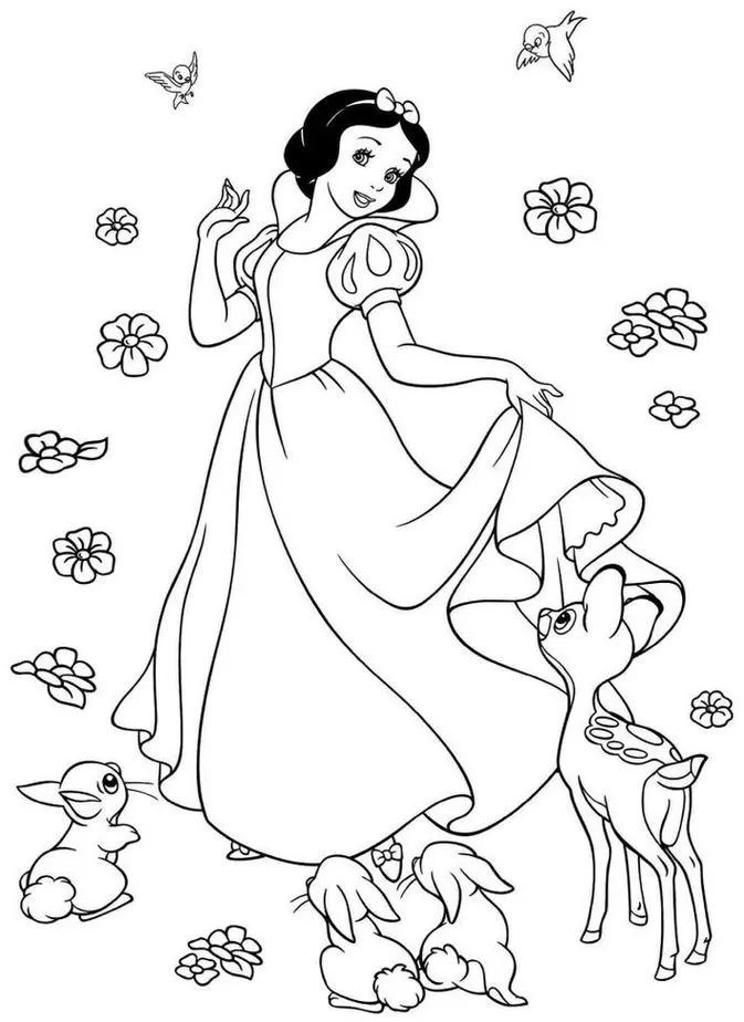 Branca de Neve segura vestido em meio à natureza exuberante: cervo, coelhos, pássaros e flores coloridas.