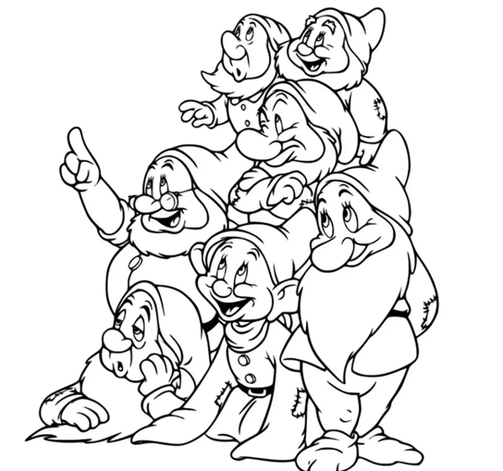 Desenhos para colorir dos Sete Anões da Branca de Neve: Dunga, Feliz, Mestre, Soneca, Zangado, Atchim e Dengoso.