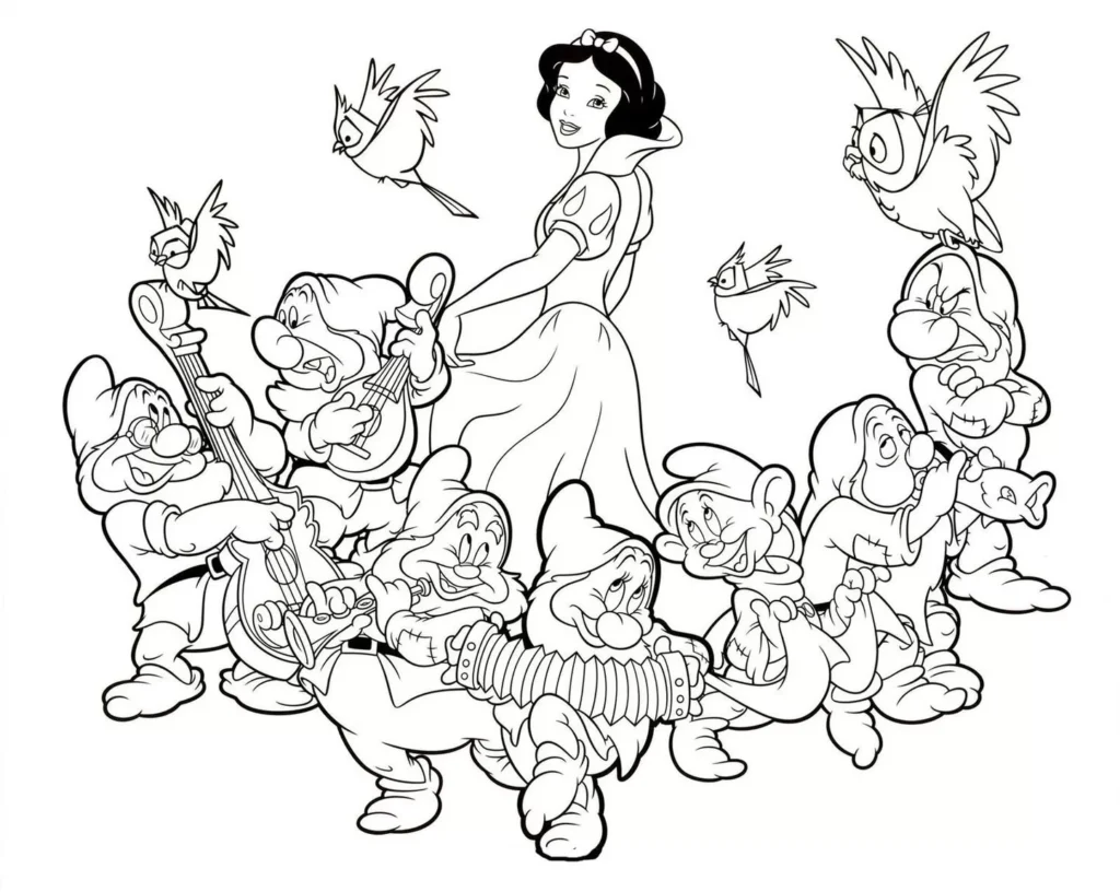 Branca de Neve e os Sete Anões reunidos: cena vibrante com música e alegria. Ideal para colorir e se divertir com os personagens clássicos.